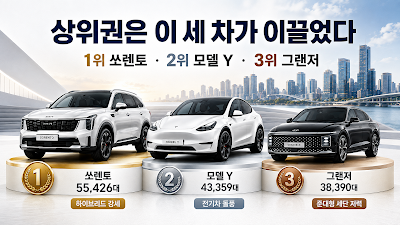 쏘렌토·테슬라 모델 Y·그랜저가 상위권을 형성한 판매량 비교 이미지
