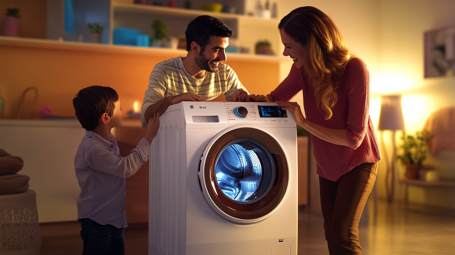 기술적 요소를 갖춘 에너지 효율적인 세탁기를 사용하는 따뜻한 분위기의 가족 모습
