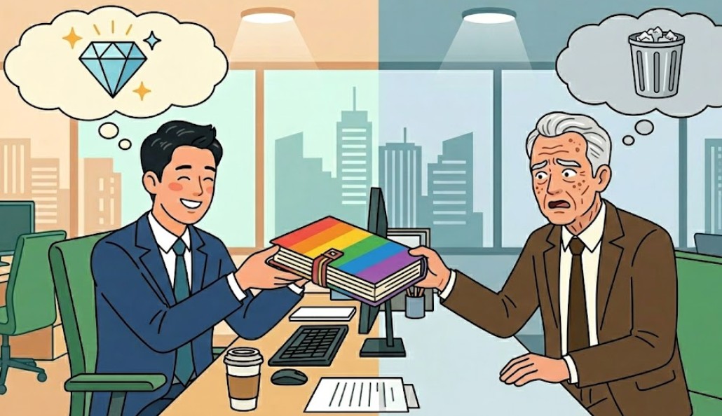 자신이 만든 알록달록한 보고서를 다이아몬드처럼 귀하게 여기며 건네는 신입 사원과, 이를 쓰레기통에 넣을 잡동사니로 여기며 당황하는 상사의 상반된 반응을 통해 이케아 효과를 직관적으로 묘사