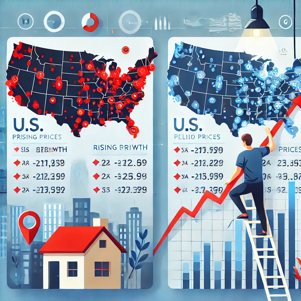 상승 vs 하락 지역 비교: 가격 상승 지역(빨간색)과 하락 지역(파란색)을 나눠 분석하는 투자자.