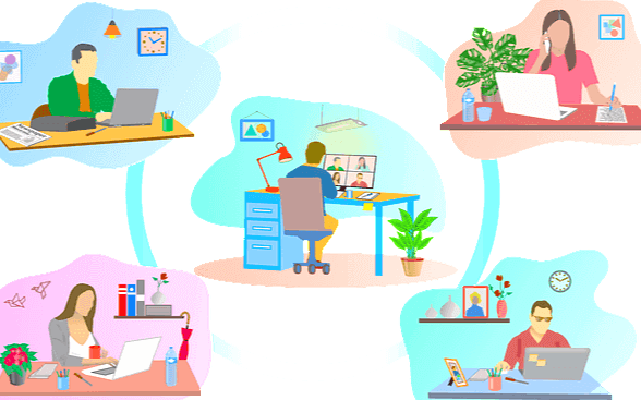 다섯 명의 남녀가 각자 책상 앞에 앉아 노트북 앞에서 일을 하고 있다.