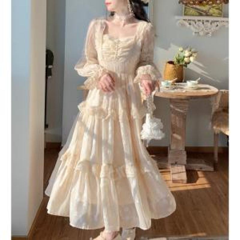 중세 로맨틱 무드 프랑스 캉캉 스커트 프릴 프렌치 스타일 실크 퍼프 슬리브 드레스 레이스