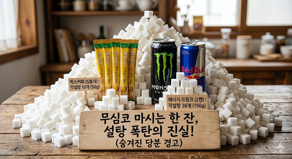 가공 음료에 숨겨진 당분 함량과 인슐린 자극 위험을 경고하는 시각 자료.
