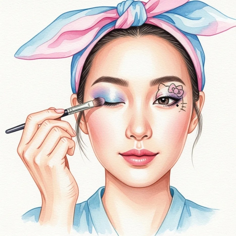 팔레트로 메이크업을 하는 여성의 손