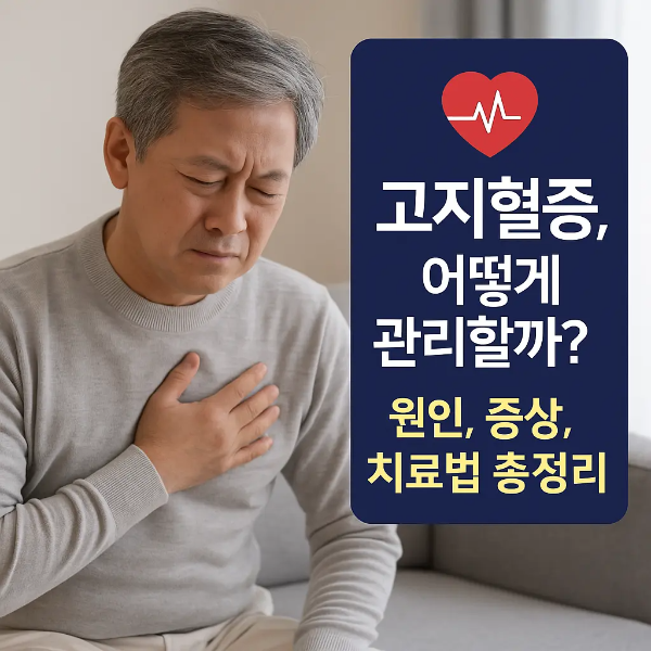 가슴 통증을 호소하는 중년 한국 남성 옆에 '고지혈증, 어떻게 관리할까? 원인, 증상, 치료법 총정리' 텍스트가 삽입된 정보형 이미지