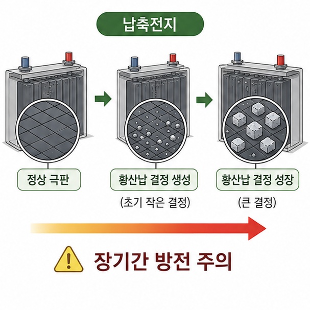 납축전지를 장기간 방전 상태로 두면 극판의 황산납 결정이 커질 수 있는 황산화 현상을 보여주는 그림