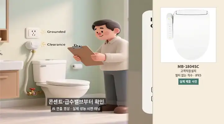 비데 설치 전 접지 콘센트와 급수 밸브를 점검하는 AI 연출 애니메이션