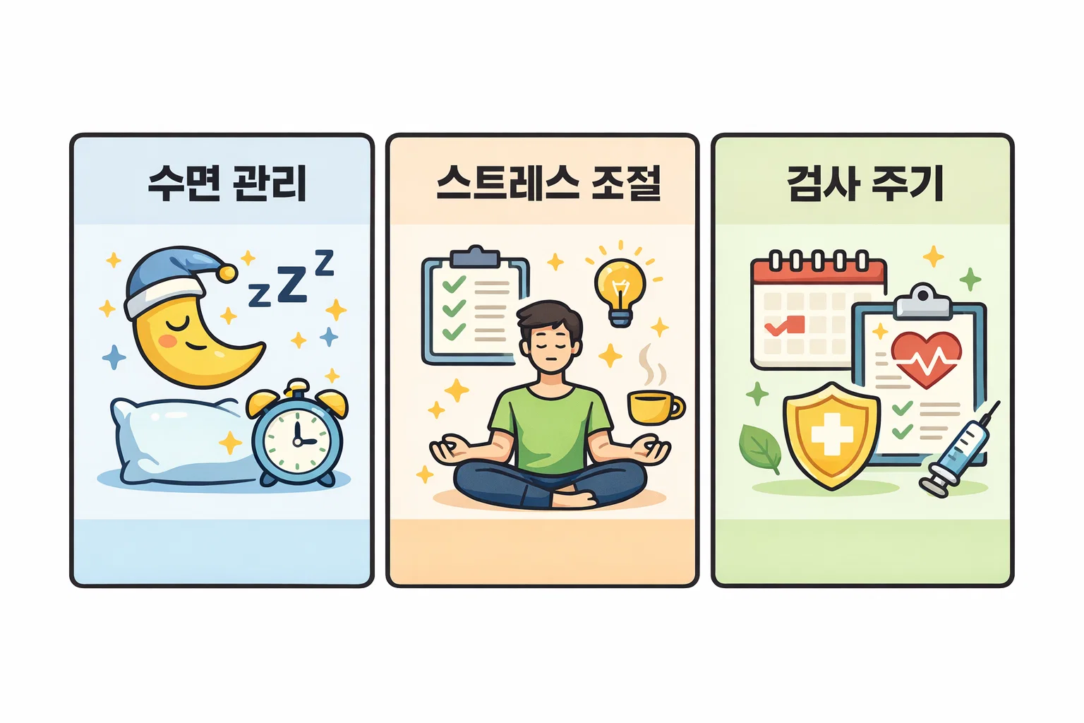 당뇨병 예방방법에서 놓치기 쉬운 수면 관리와 스트레스 조절, 정기적인 검사 주기가 혈당 수치 변화를 조기에 확인하는 데 왜 중요한지 설명한 이미지입니다