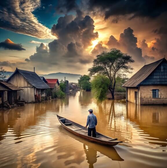 범람한 물에 의해 잠긴 마을을 배로 이동하는 사람