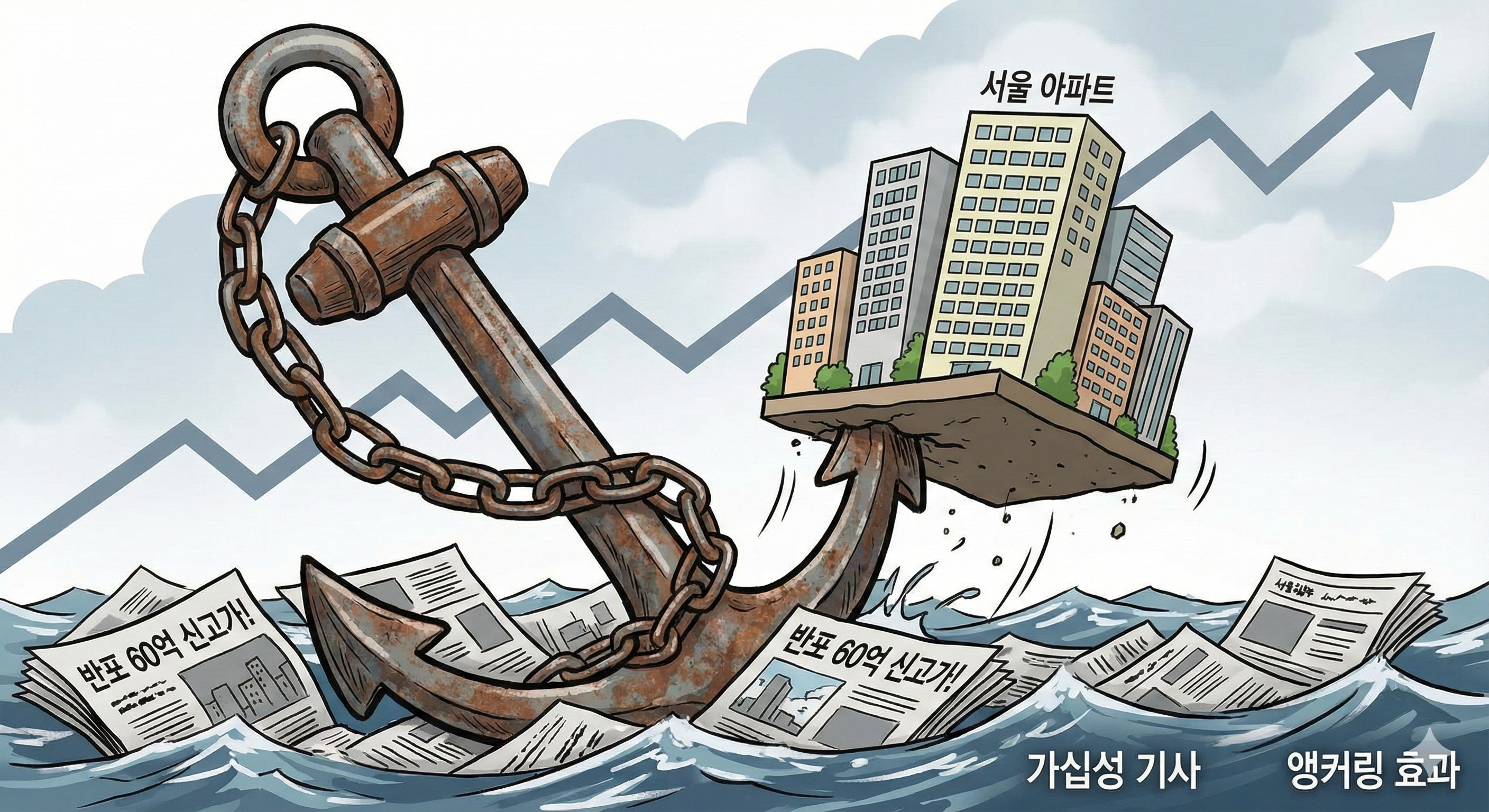 거대한 닻(Anchor)이 집값을 끌어올리는 모습을 형상화한 일러스트