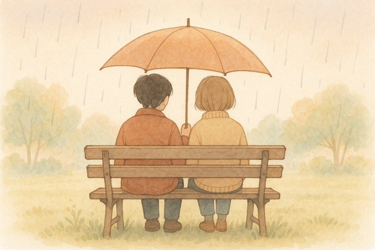 비 오는 날 벤치에 앉아 우산을 나눠 쓰는 남녀
