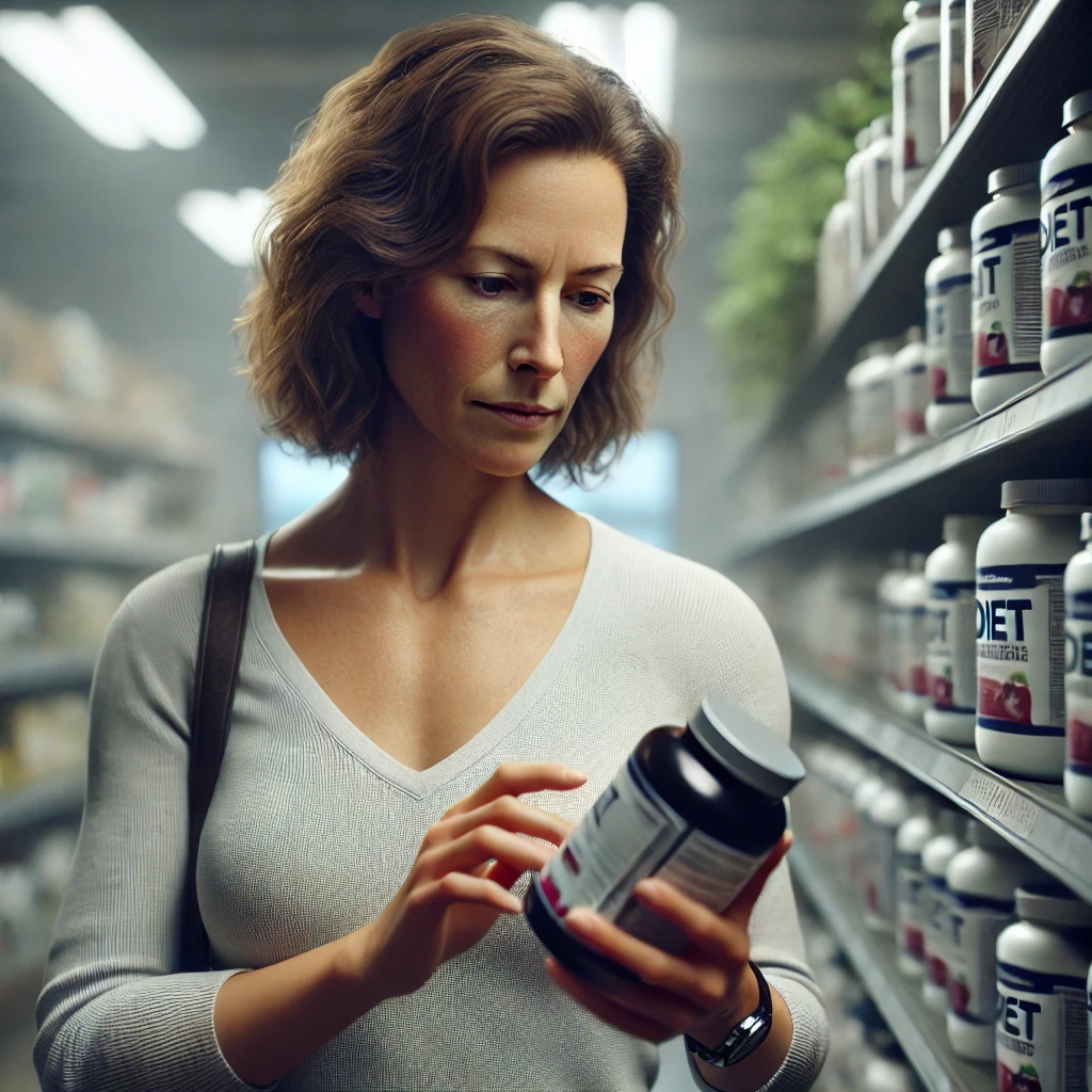 다이어트 보조제를 신중히 고르는 중년 여성