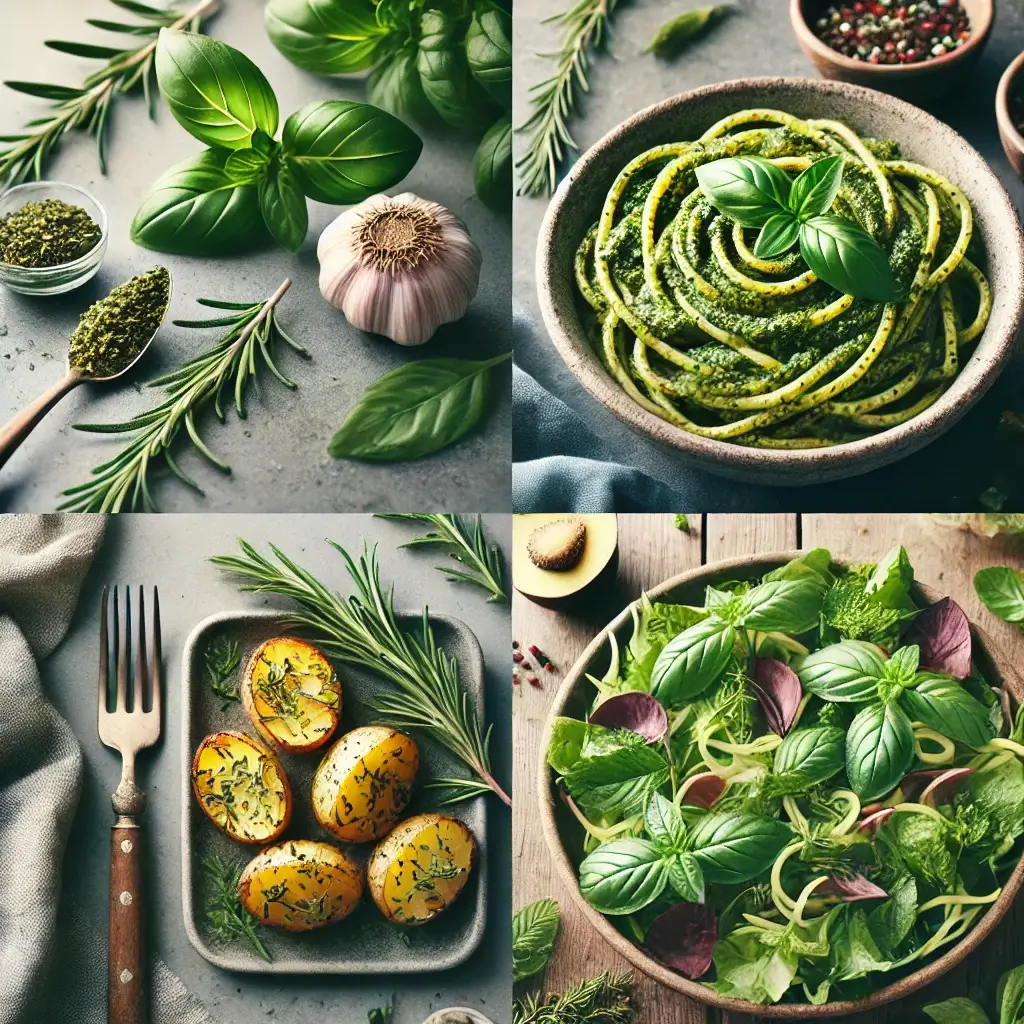 바질과 로즈마리를 사용한 허브 요리 콜라주 이미지