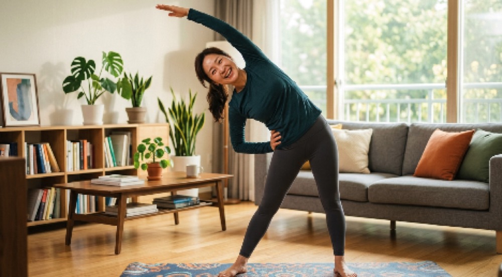 활기찬 표정으로 몸을 스트레칭