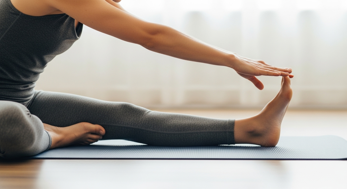 바닥에 앉아 한쪽 다리는 펴고 반대쪽은 굽힙니다. 상체를 천천히 앞으로 숙여 펴진 다리의 발끝 방향으로 손을 뻗습니다.