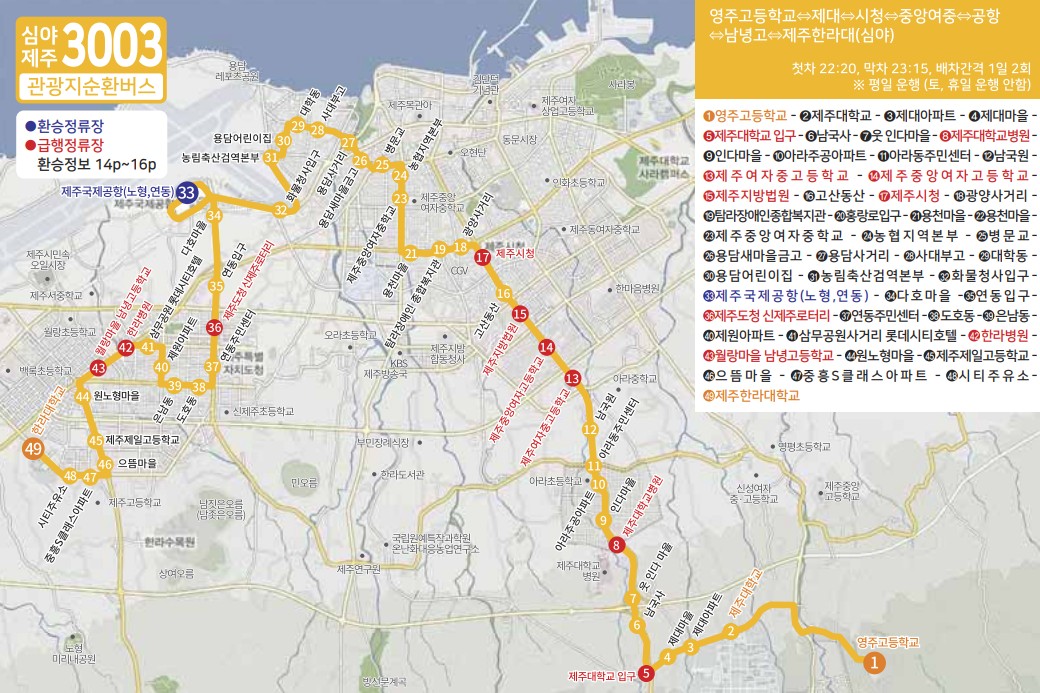 제주도 버스노선 - 관광지순환버스 810-1, 810-2, 820-1, 820-2, 820-3, 서귀포시티투어880, 심야버스3001, 3002, 3003, 3004, 3005, 3006, 3007, 3008