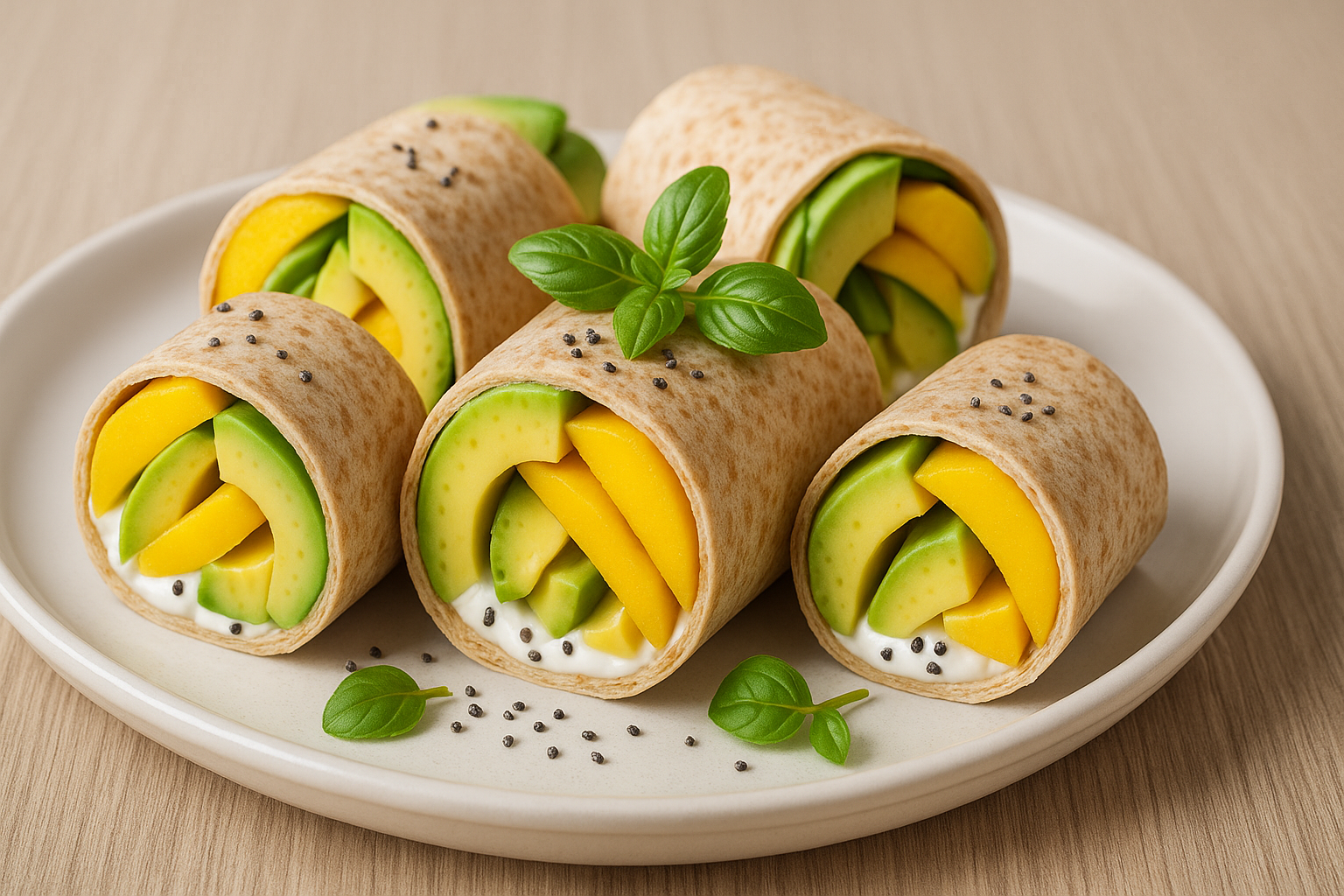 "또띠아에 망고와 아보카도를 올리고 요거트 크림을 더한 여름 건강 롤"
