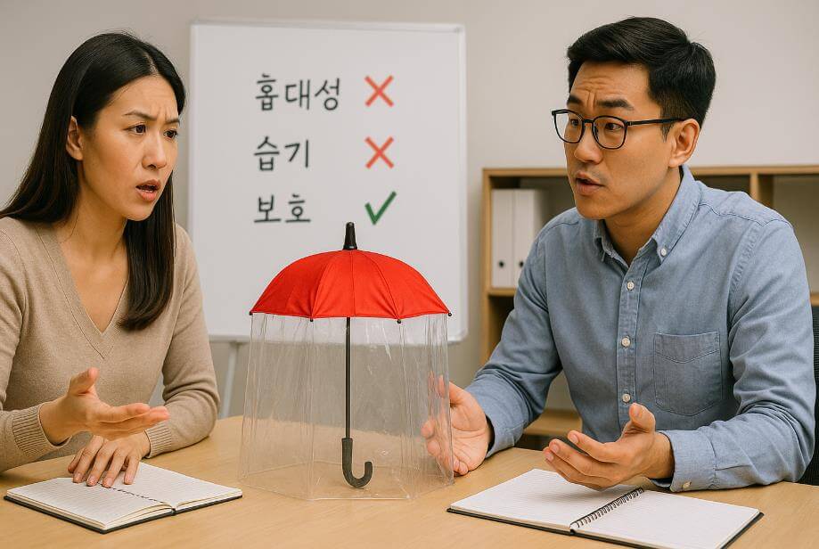 커튼형 우산의 장단점을 분석하는 마케터와 디자이너