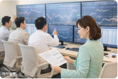 기관 투자자들이 시장 정보를 분석하는 장면