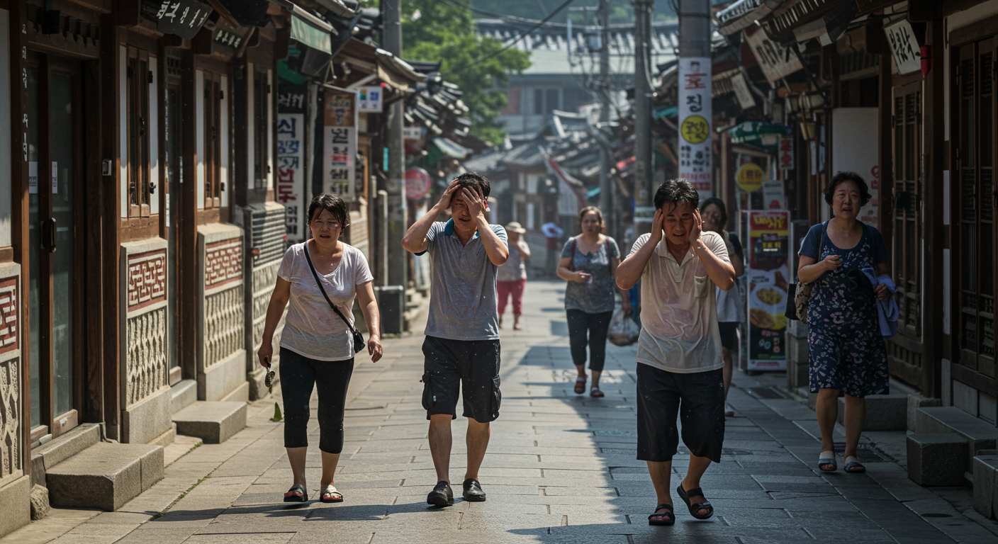 무더위에 땀을 흘리고 있는 사람들