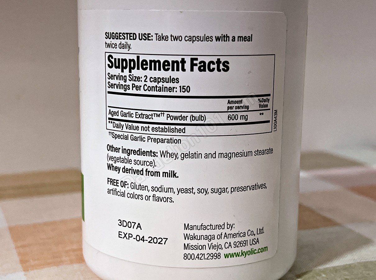 쿄릭&reg; 숙성마늘 추출물 오리지널 포뮬러 100 (WAKUNAGA Kyolic&reg; Aged Garlic Extract Original Formula 100) 영양성분 및 기타성분