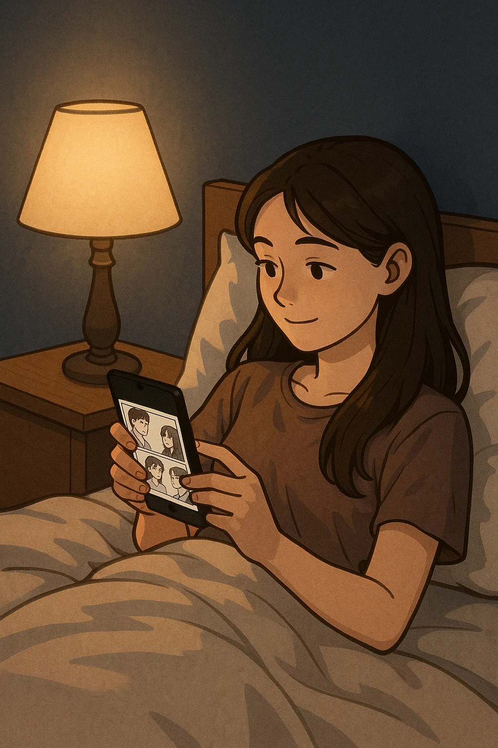 침대에서 웹툰 읽는 여자 그림