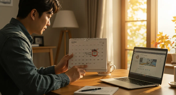 남성이 노트북과 달력을 확인하는 장면