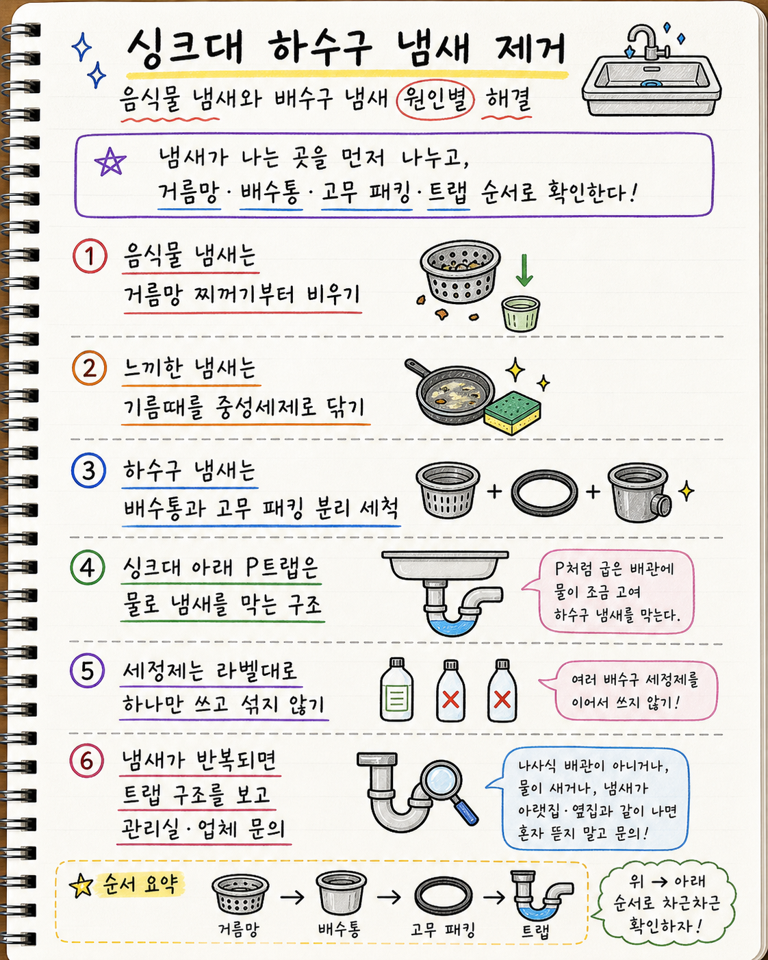 싱크대 하수구 냄새 제거 순서를 거름망 배수통 고무 패킹 트랩 순서로 정리한 손글씨 노트