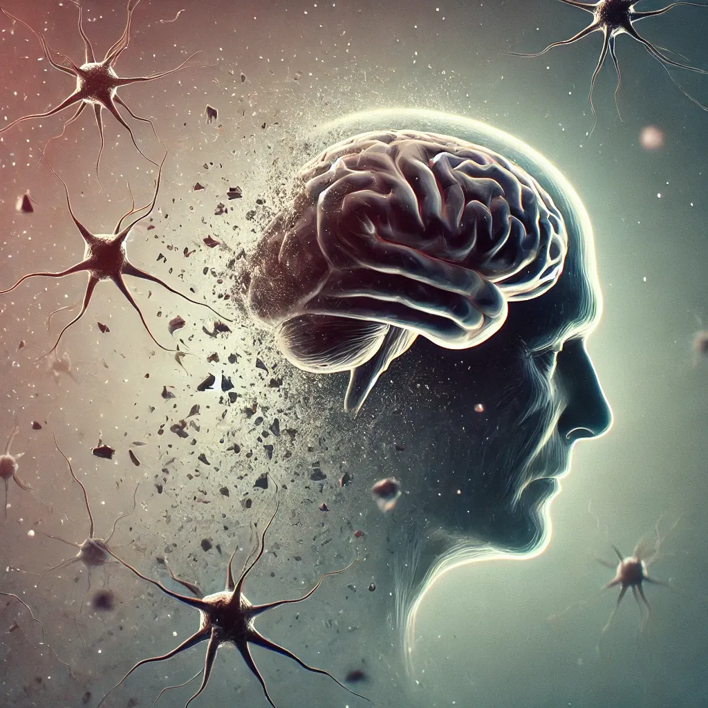 알츠하이머를 상징적으로 표현한 그림. 뇌가 점차 붕괴되며 조각들이 흩어지는 모습으로 기억 상실과 인지 기능 저하를 나타냄. 배경은 어둡고 차분한 분위기로 설정되었으며, 한 부분에서 신경 세포가 퇴화하는 모습이 보여짐.