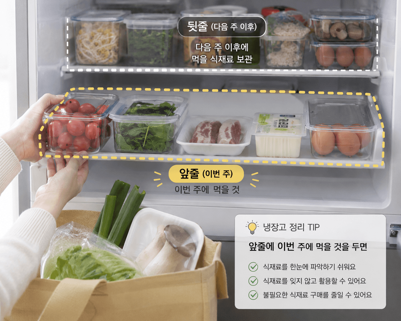 장 본 봉투에서 꺼낸 식재료를 냉장고 앞줄과 뒷줄로 나눠 넣는 손, 앞줄에 이번 주 먹을 것을 두는 모습