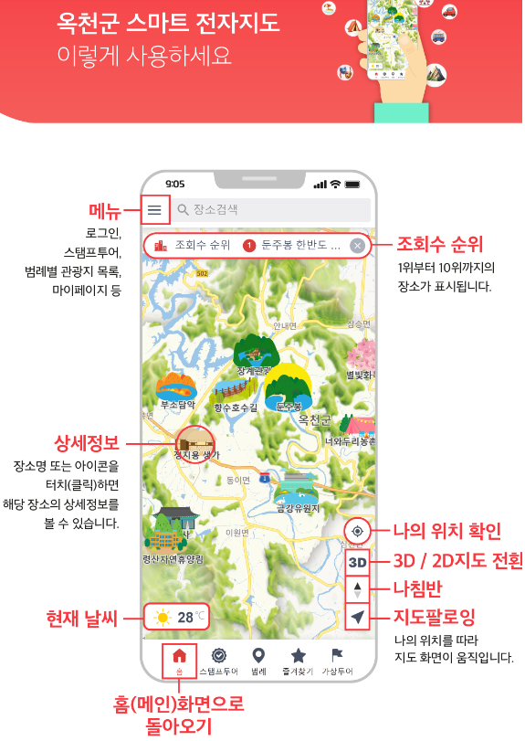 옥천 관광 안내지도 보는 방법(출처-옥천관광 홈페이지)