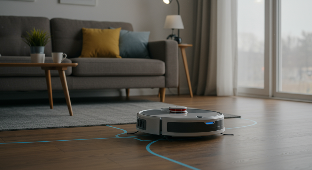 025년 최신 로봇청소기가 거실을 자동 청소하며 완벽한 흡입 및 물걸레 기능을 선보이는 모습