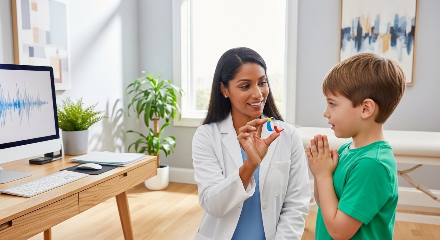 여성 청각 전문가가 어린이에게 빨간색과 파란색 보청기를 보여주는 장면