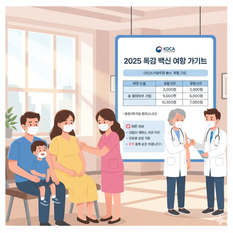 "현대적 병원에서 가족(어린이, 임산부, 어르신)이 웃으며 독감 백신 맞는 장면, 배경에 가격 비교 표와 질병관리청 로고, 밝고 건강한 분홍/파랑 톤, 텍스트 '2025 독감 백신 예약 가이드' 오버레이, 고해상도 일러스트."
