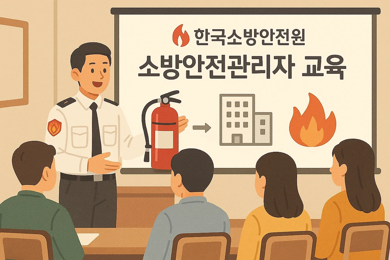 한국소방안전원의 소방안전관리자 교육 장면을 묘사한 일러스트 이미지