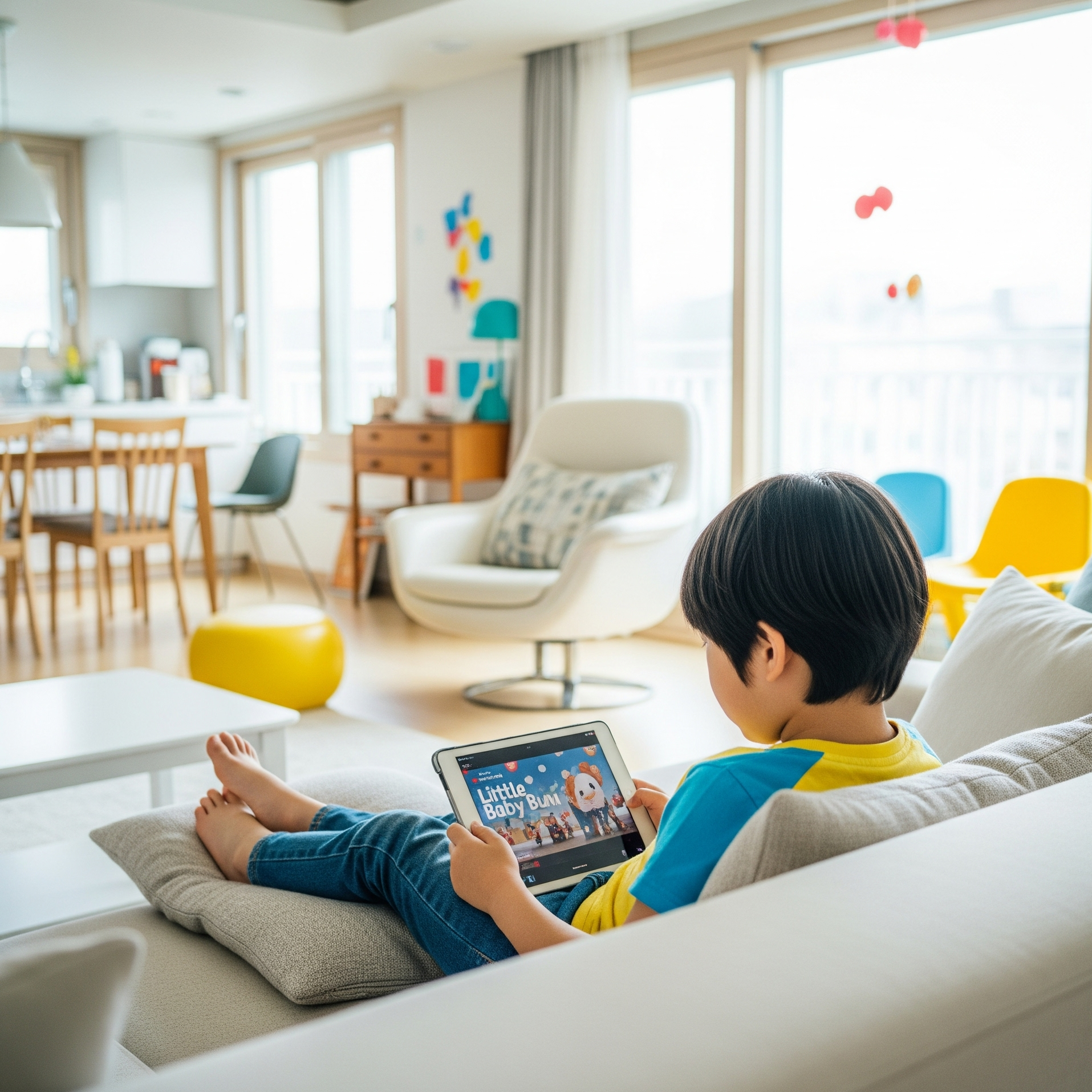 패드로 Little baby bum 채널을 보고 있는 아이
