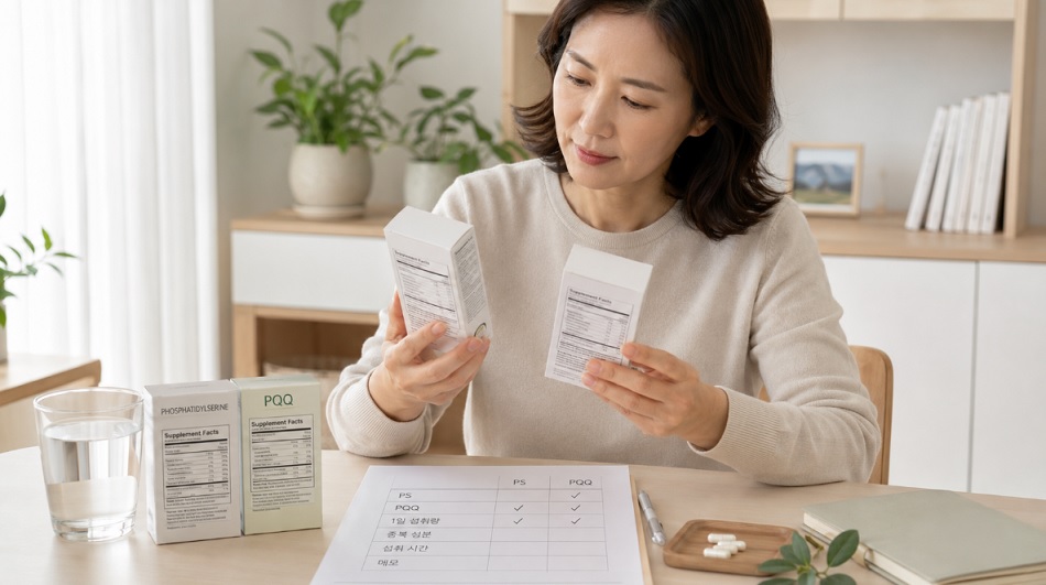 두뇌 건강 영양제 성분표와 하루 섭취량을 확인하는 여성
