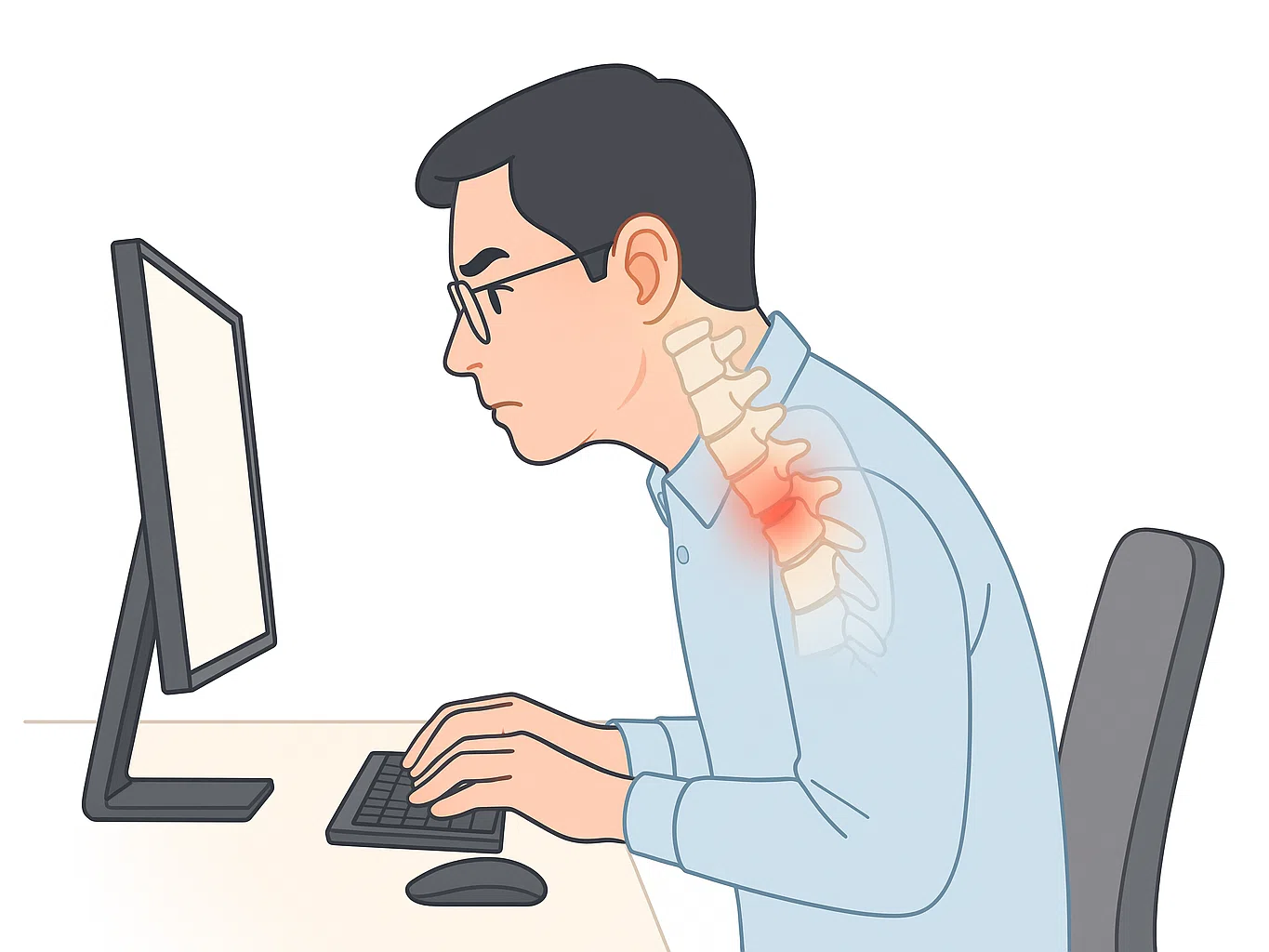 책상 앞에서 모니터를 가까이 들여다보며 턱이 앞으로 나온 한국인 남성, 경추 1~2번 부위에 붉은 하이라이트 표시