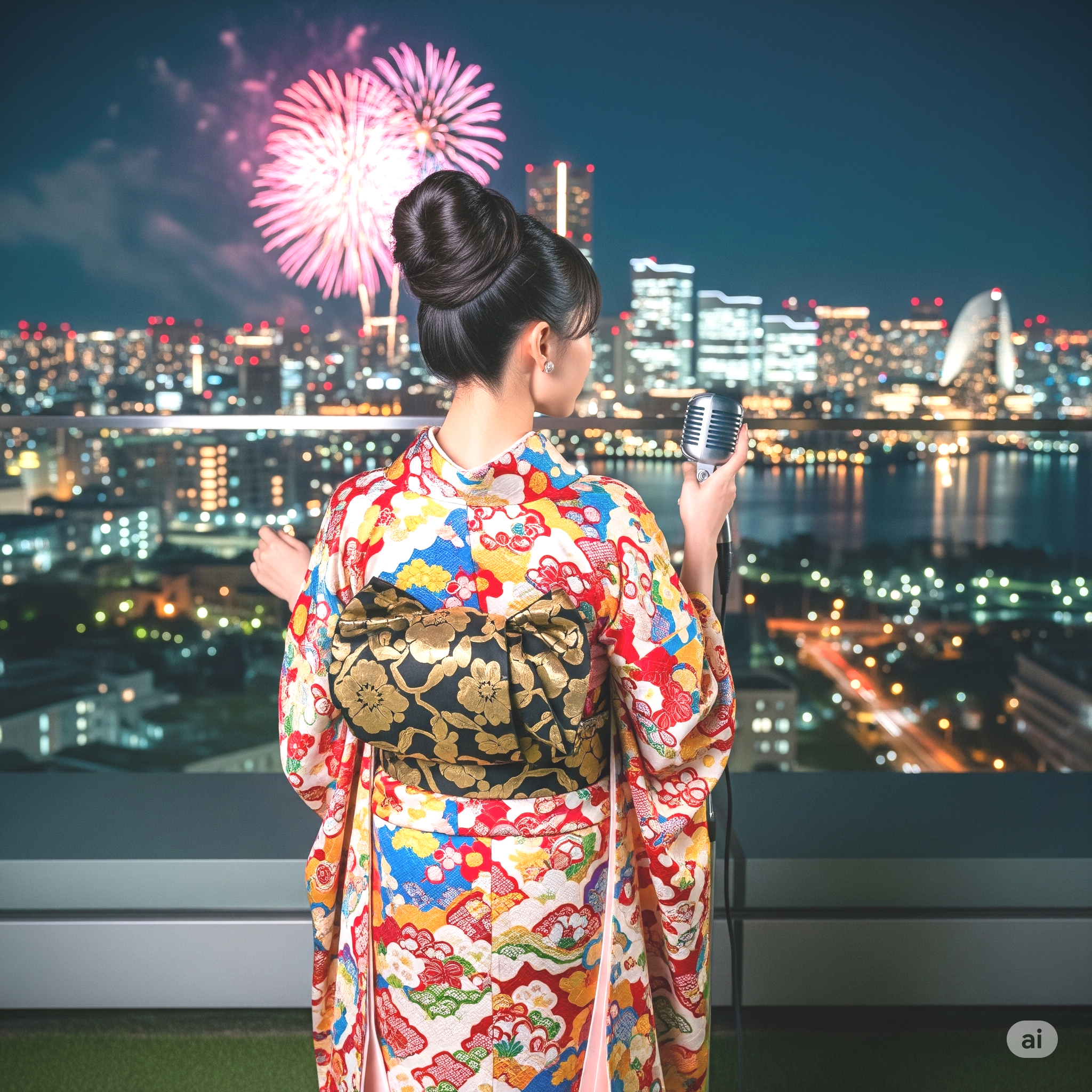 요코하마 야경을 보며 노래하는 여자