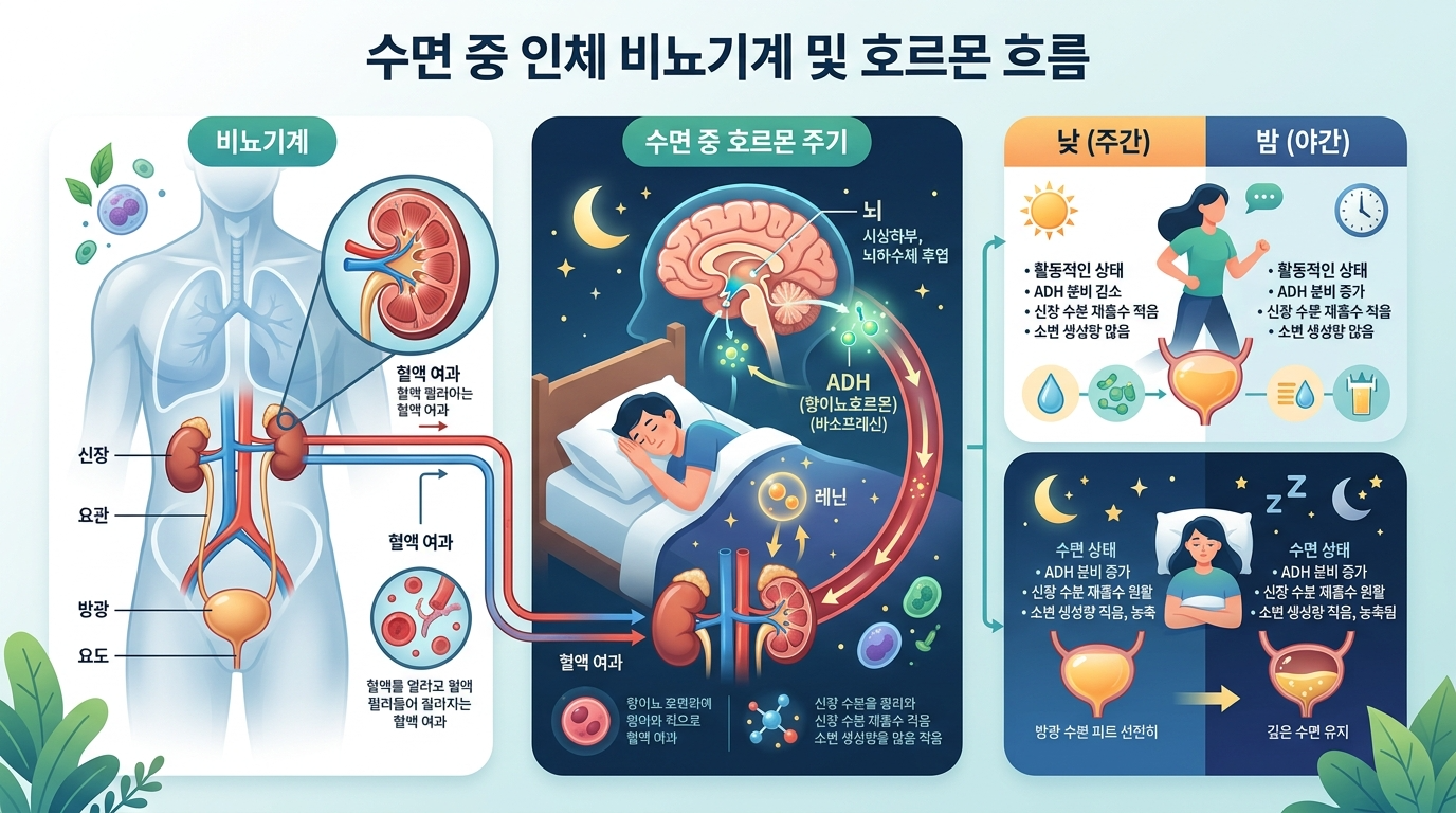 수면중 인체비뇨기계를 나타내는 인포그래픽