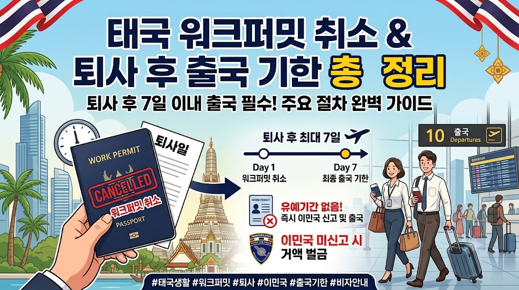 태국 워크퍼밋 취소 및 퇴사 후 출국 기한 총정리 안내 썸네일. 취소 도장이 찍힌 워크퍼밋 수첩, 퇴사 1일 차 워크퍼밋 취소부터 7일 차 최종 출국 기한까지의 타임라인, 유예기간 없는 즉시 이민국 신고 의무 및 미신고 시 거액 벌금 부과 경고 문구가 출국장 일러스트와 함께 설명되어 있습니다.
