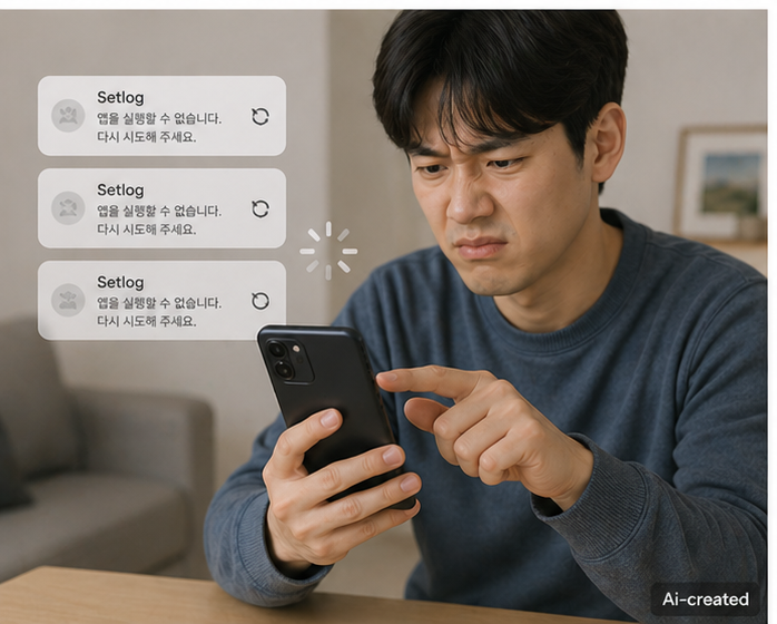 셋로그 앱 오류 상태를 확인하며 계속 사용할지 고민하는 사용자 모습