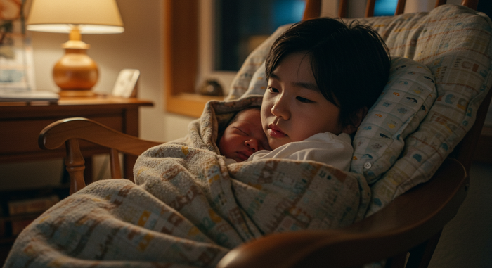 가족이 아기 수면환경 만드는 장면