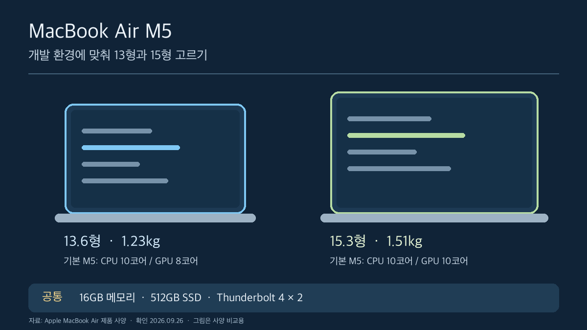 MacBook Air M5 13형 13.6인치 1.23kg과 15형 15.3인치 1.51kg의 공식 사양 비교 그림