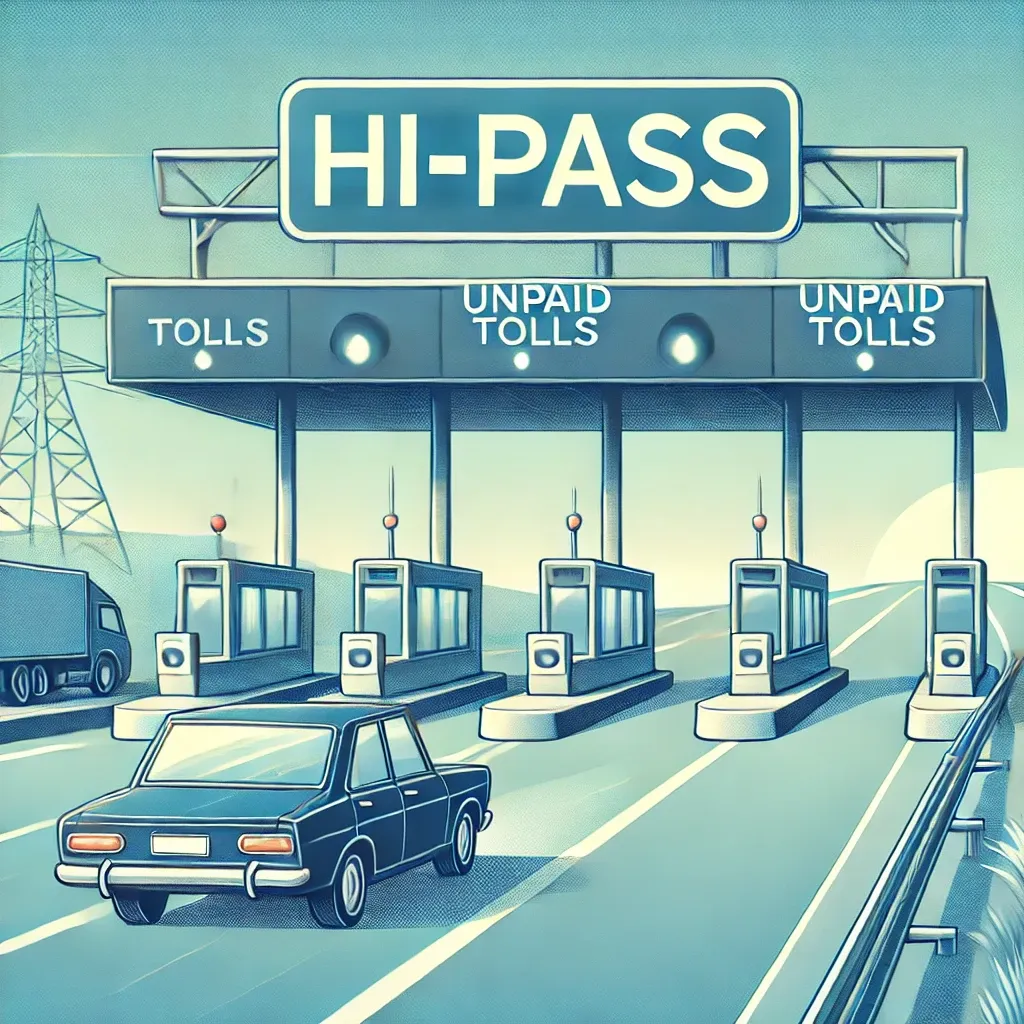 하이패스 톨게이트를 통과하는 차량과 미납 요금을 표시하는 디지털 화면