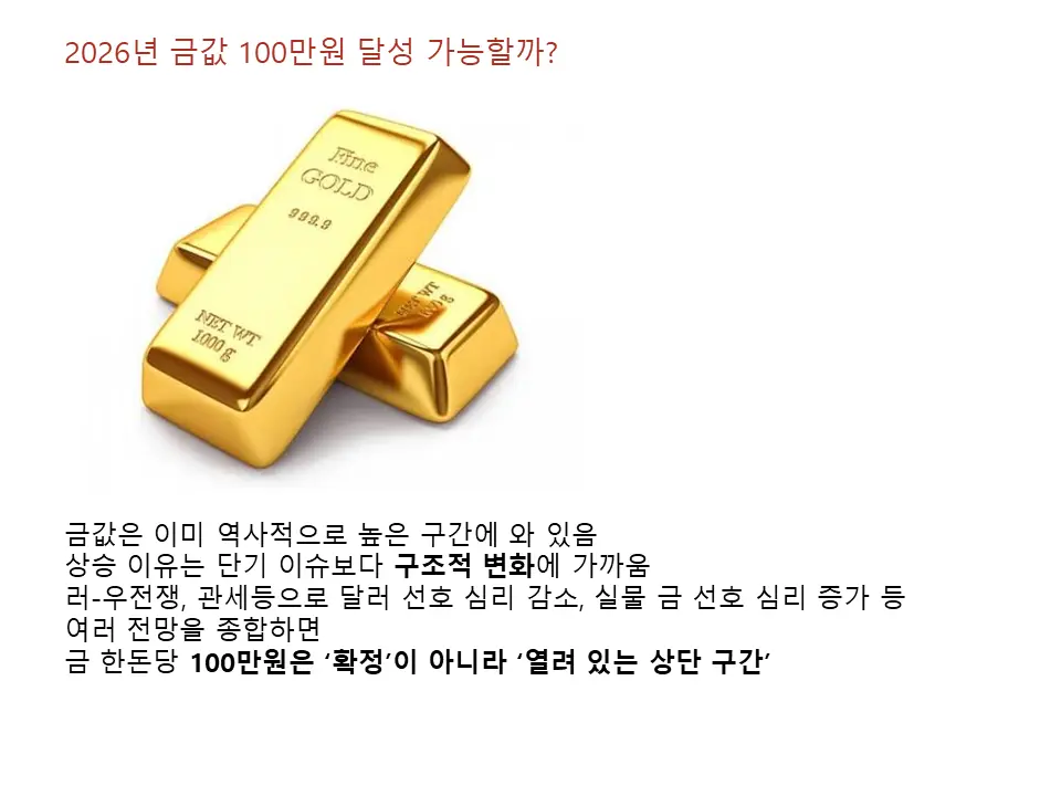 2026년 금값 100만원 달성 가능할까?
"확정은 아니지만 가능성이 열려있는 상단 구간"