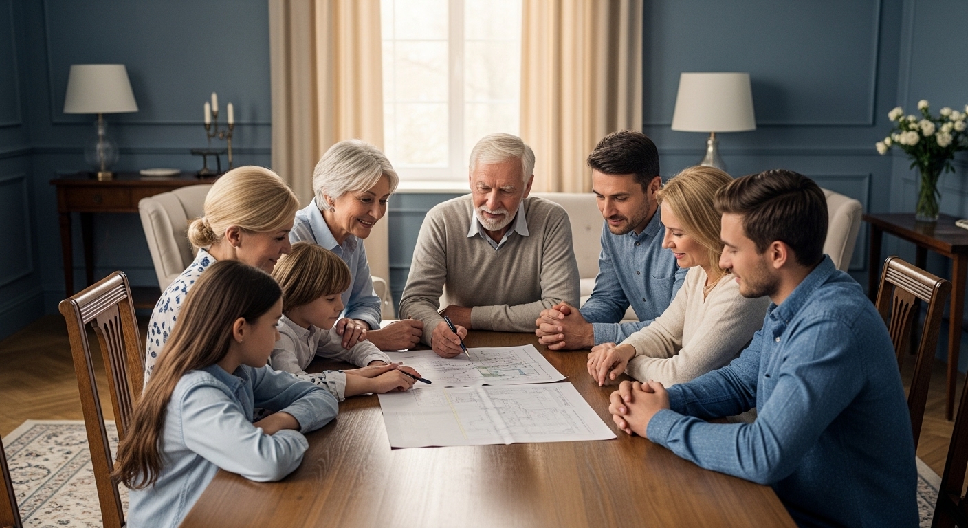 여러 세대의 가족이 모여 앉아 재산 승계와 관련된 문서를 살펴보며 현명한 계획을 세우는 모습