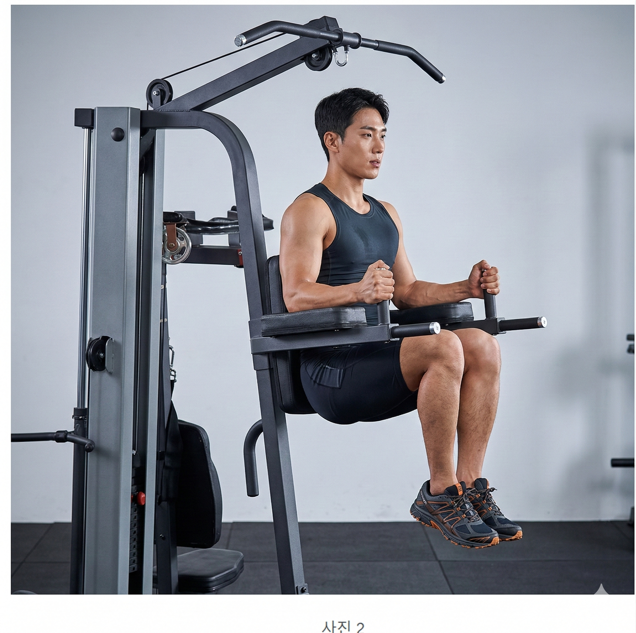 ALT: 딥 머신 레그 레이즈 골반 회전 수축 동작 하복부 운동