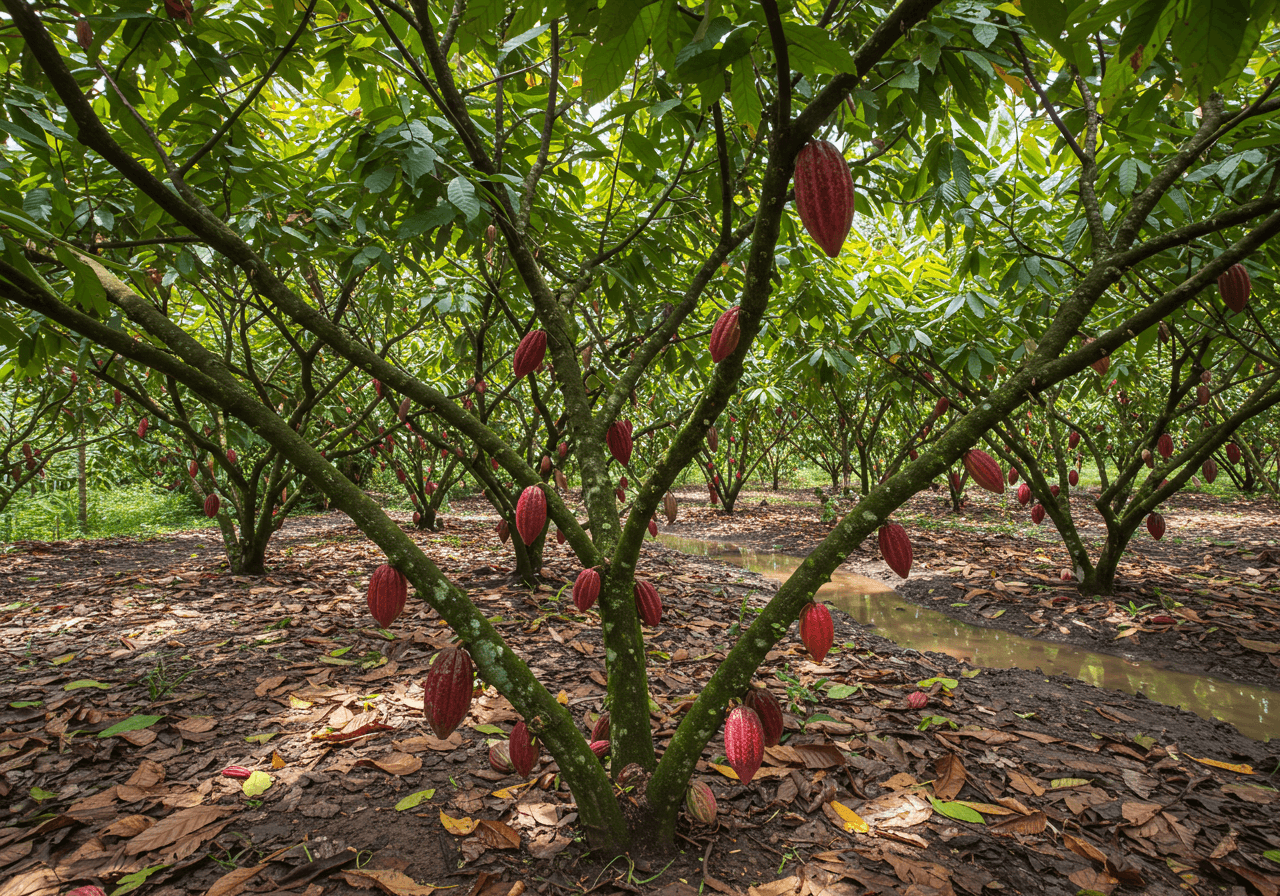 열대 지역 카카오 나무에 열린 붉은 카카오 열매