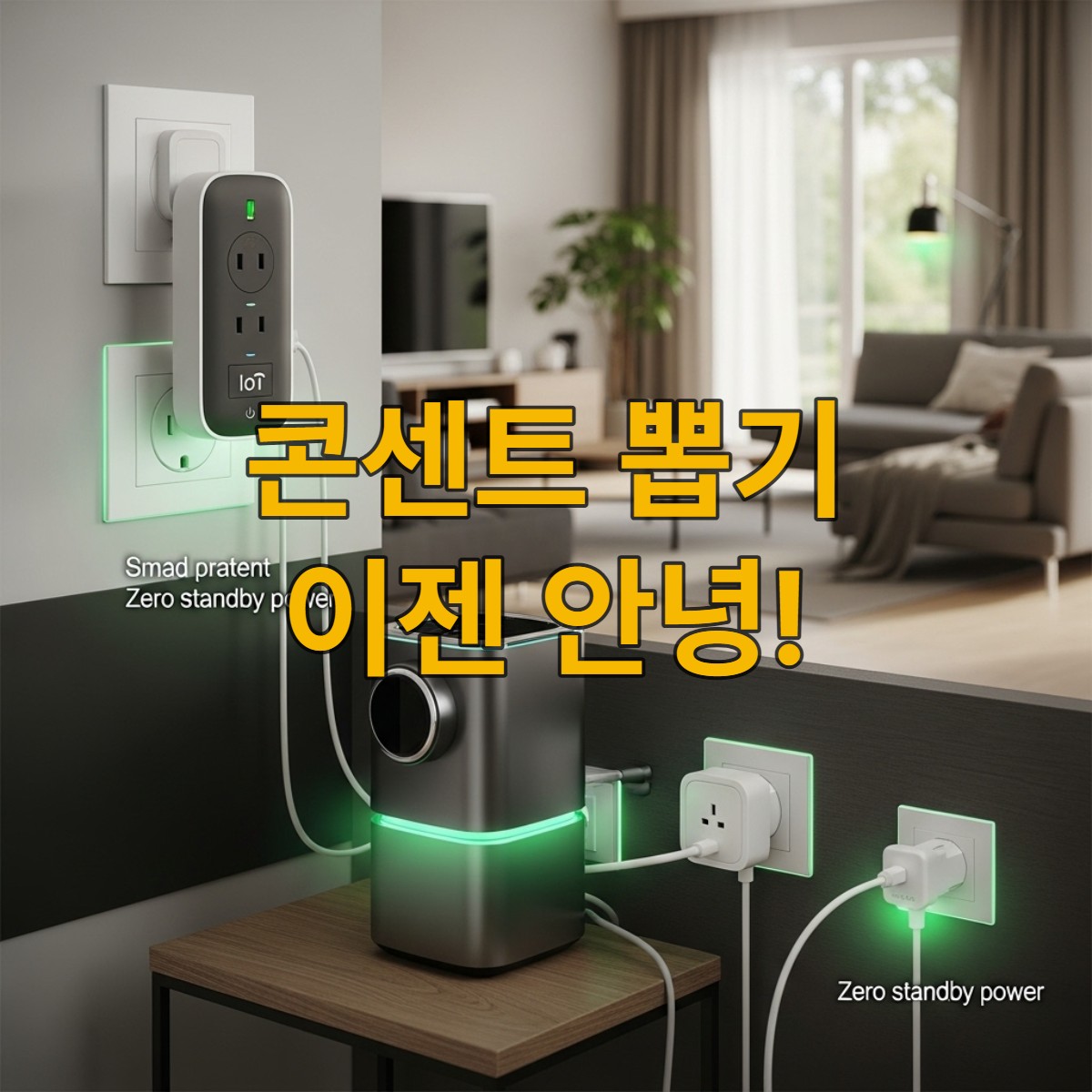 다양한 스마트 가전제품과 스마트 멀티탭이 콘센트에 연결되어 초록빛 에너지를 효율적으로 관리하는 현대적 거실 풍경.